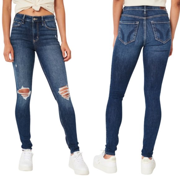 Hollister High Rise Super Skinny Medium Wash Distressed Jeans SZ 26x32 LIKE NEW - Picture 1 of 16